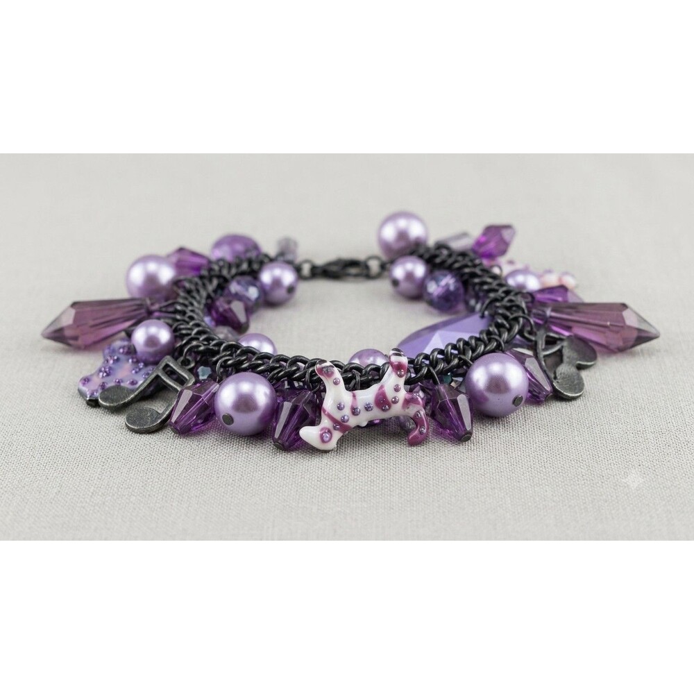 Vintage Style Purple Charm Bracelet Cat Music Notes Goth Y2K Aesthetic Boho